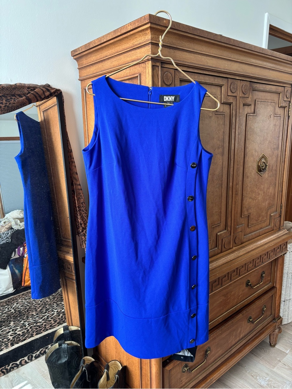 DKNY Bold Cobalt Sleeveless Shift Dress with Side Buttons